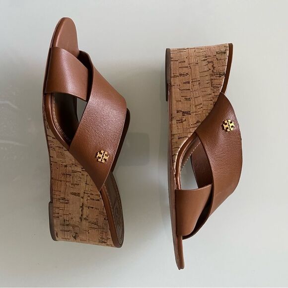 Tory Burch Crossover Sandal Wedge Slide Tan Leather Cork Heel Comfy Size 7 - Picture 2 of 6